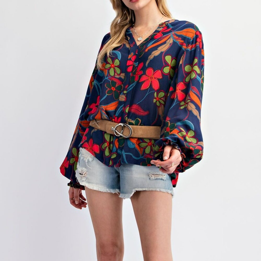 NWT Easel Navy Peach Blossom Floral Gauze Top Plus